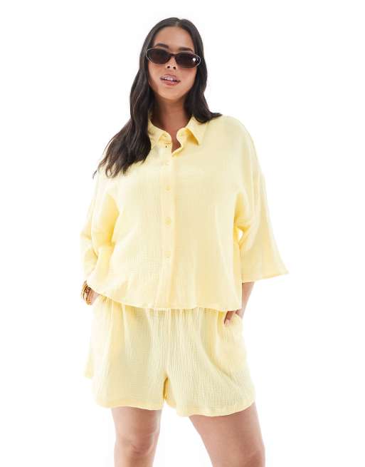 Vero Moda Curve - Camicia corta testurizzata giallo pallido in coordinato