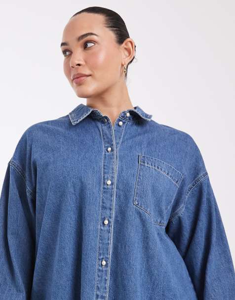 Vero Moda Curve camicia di jeans con bottoni in denim blu medio - view 1