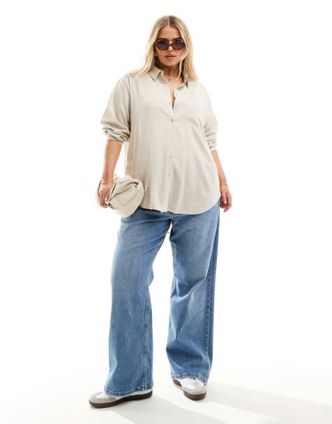 Vero Moda Curve - Camicia in misto lino color pietra a maniche lunghe - view 1