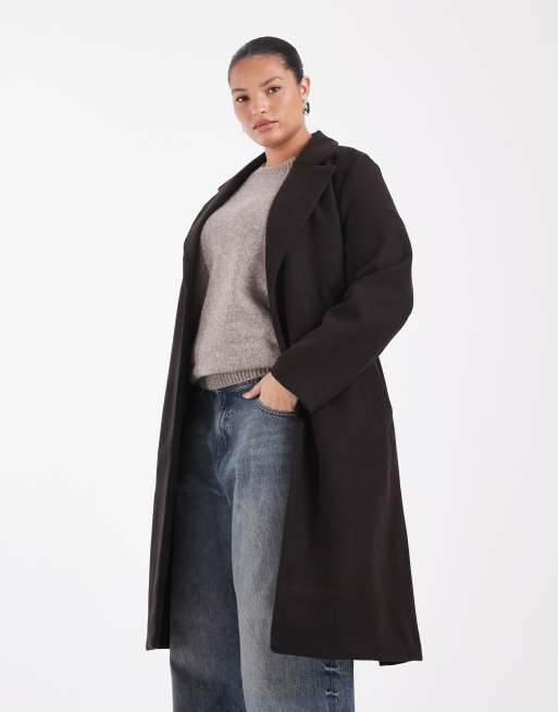 Vero Moda Curve cappotto midi elegante con cintura color marrone cioccolato, 1 di 4