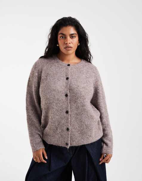 Vero Moda Curve - cárdigan de punto suave y mullido con cuello redondo en mezcla moteada fósil - view 1