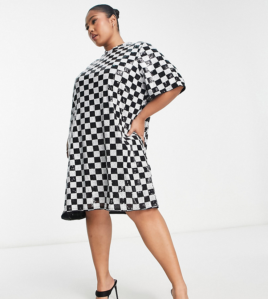 Vero Moda Curve checkerboard sequin mini dress in mono-Multi