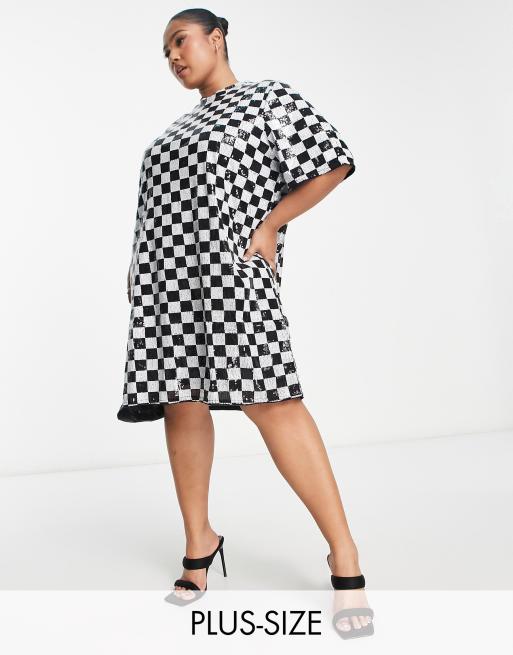 BLACK AND WHITE HOUNDSTOOTH SEQUIN OVERSIZED T-SHIRT DRESS