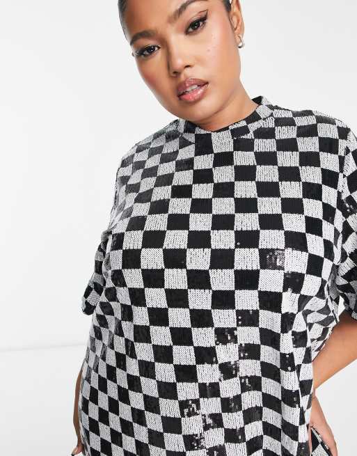 Vero Moda Curve checkerboard sequin mini dress in mono | ASOS