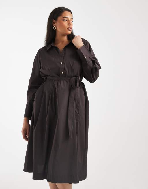 Vero Moda Curve - Chokoladebrun midi-skjortekjole med bælte i poplin, 2 af 4