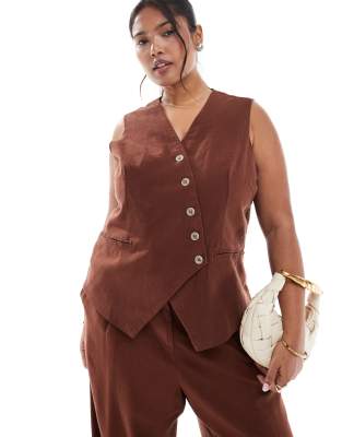 Vero Moda Curve - Chokoladebrun vest med asymmetrisk knaplukning foran i hørlook - Del af sæt - view 1