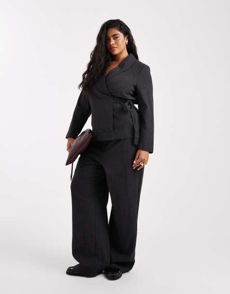 Vero Moda Curve - Co-ord set van elegante blazer met gestrikte zijkant en broek met wijde pijpen in donkergrijs - view 1