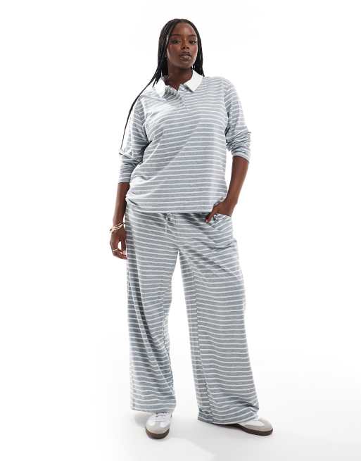 Vero Moda Curve - Co-ord set van jersey polotop en broek met wijde pijpen in grijs gestreept