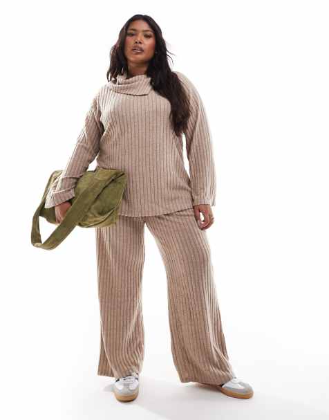 Vero Moda Curve - Co-ord set van top van geribbelde jersey en broek in beige - view 1