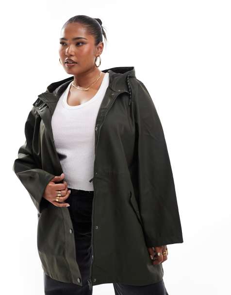 Vero Moda Curve coated rain jacket with hood in deep khaki - view 1