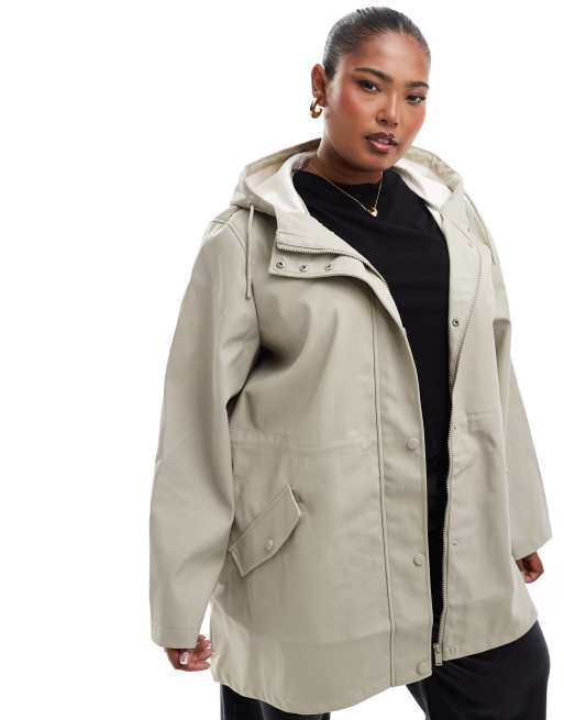 Vero Moda Curve coated rain jacket with hood in stone ASOS