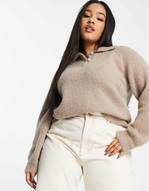Vero Moda Curve collared jumper with volume sleeve in stone, 2 of 4