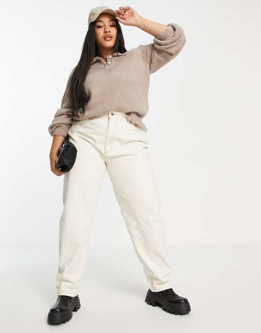 Vero Moda Curve collared jumper with volume sleeve in stone, 3 of 4