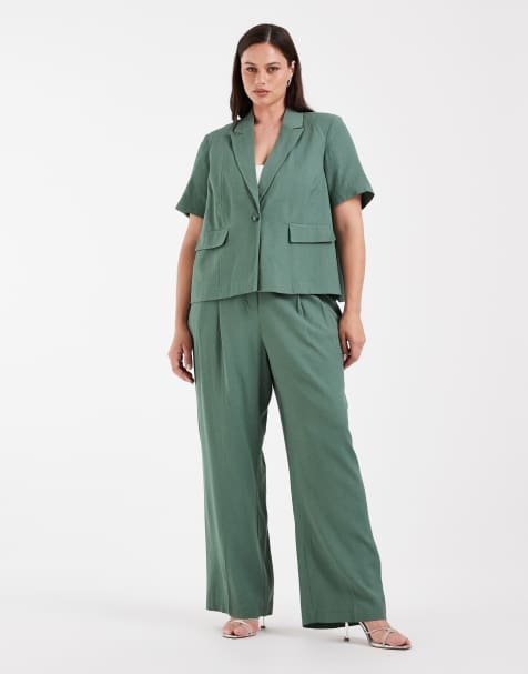 Vero Moda Curve - Conjunto de sastre verde laurel de americana de manga corta y pantalones de pernera ancha - view 1