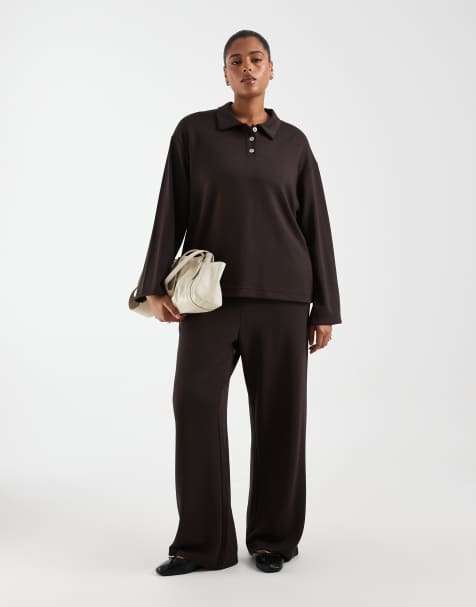 Vero Moda Curve - Conjunto marrón chocolate de joggers de pernera ancha y polo de tejido muy suave - view 1