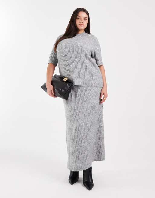 Vero Moda Curve - Coordinato in maglia grigio mélange a coste con top a maniche corte e gonna midi
