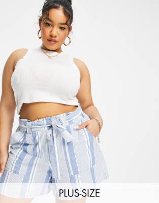 Vero Moda Curve Vero Moda Curve cotton blend tie waist shorts in blue stripe - MBLUE