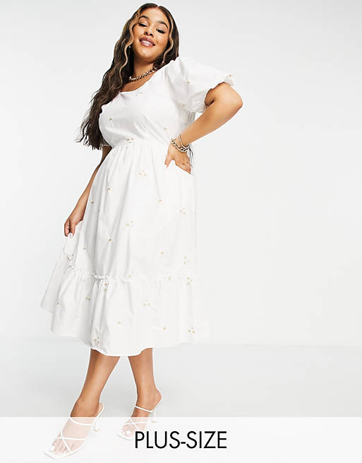 køn crush at retfærdiggøre Vero Moda Curve cotton embroidered midi cotton smock dress in white | ASOS