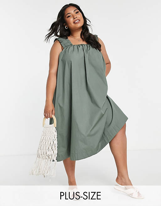 Asos Women Clothing Dresses Midi Dresses Cotton midi dress with ruched straps in sage 
