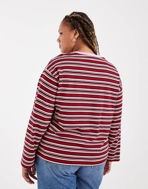 Vero Moda Curve cotton oversized long sleeve t-shirt in pink and red stripe, 2 of 4