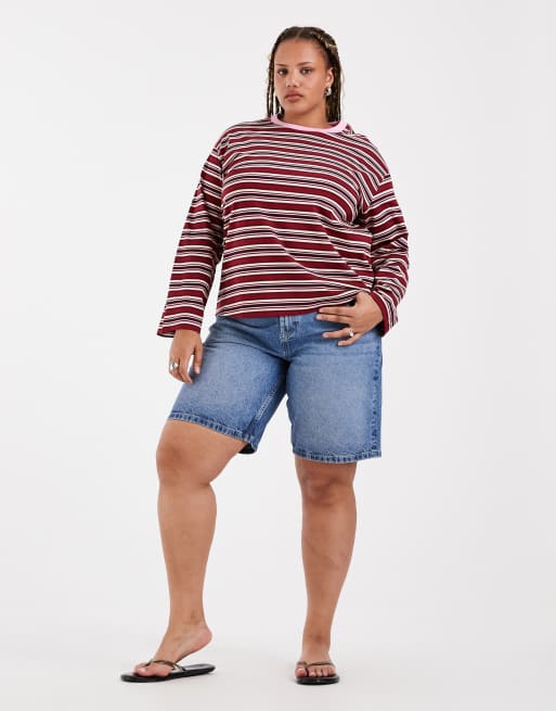 Vero Moda Curve cotton oversized long sleeve t-shirt in pink and red stripe, 3 of 4