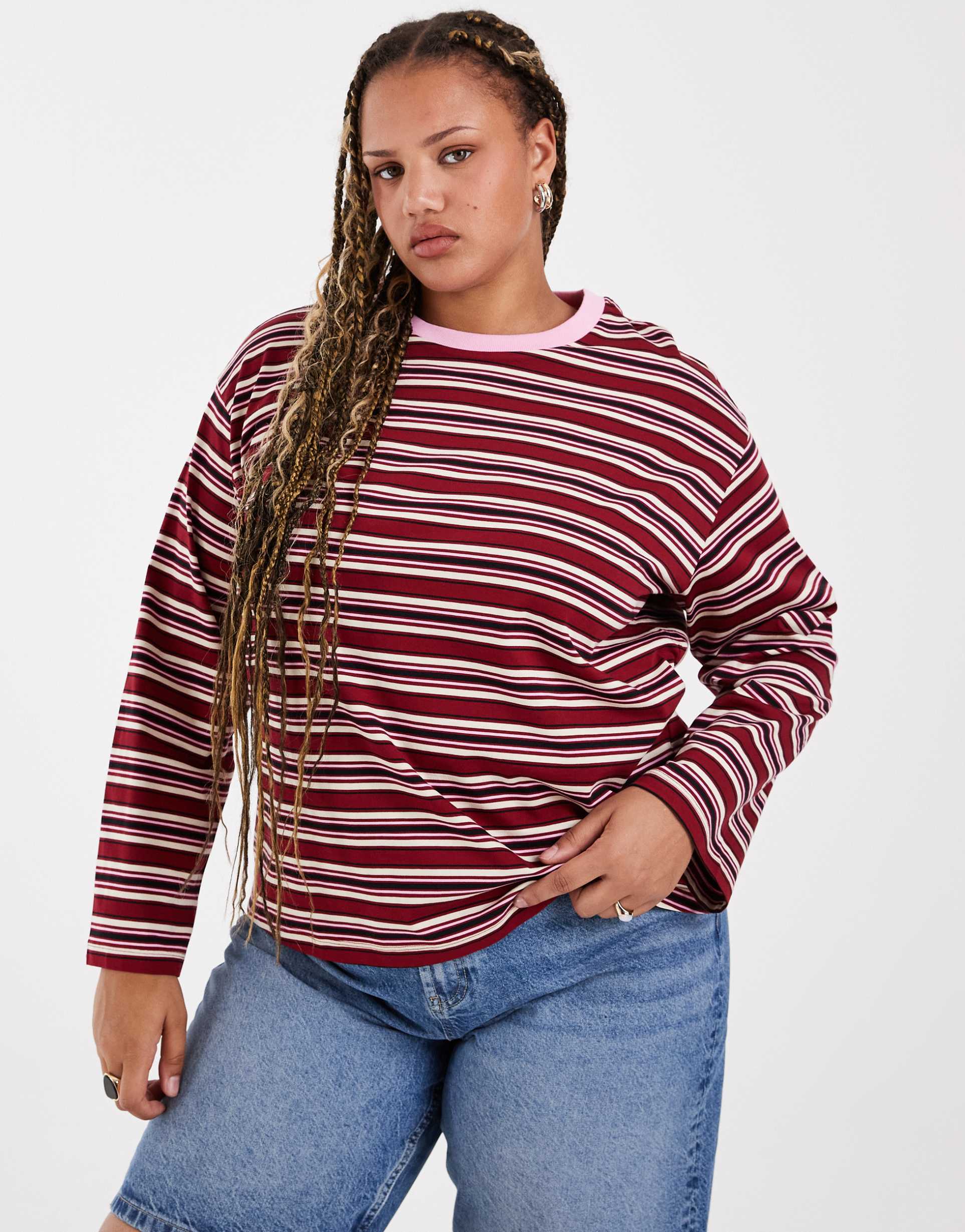 vero moda curve cotton oversized long sleeve t-shirt in pink and red striped print