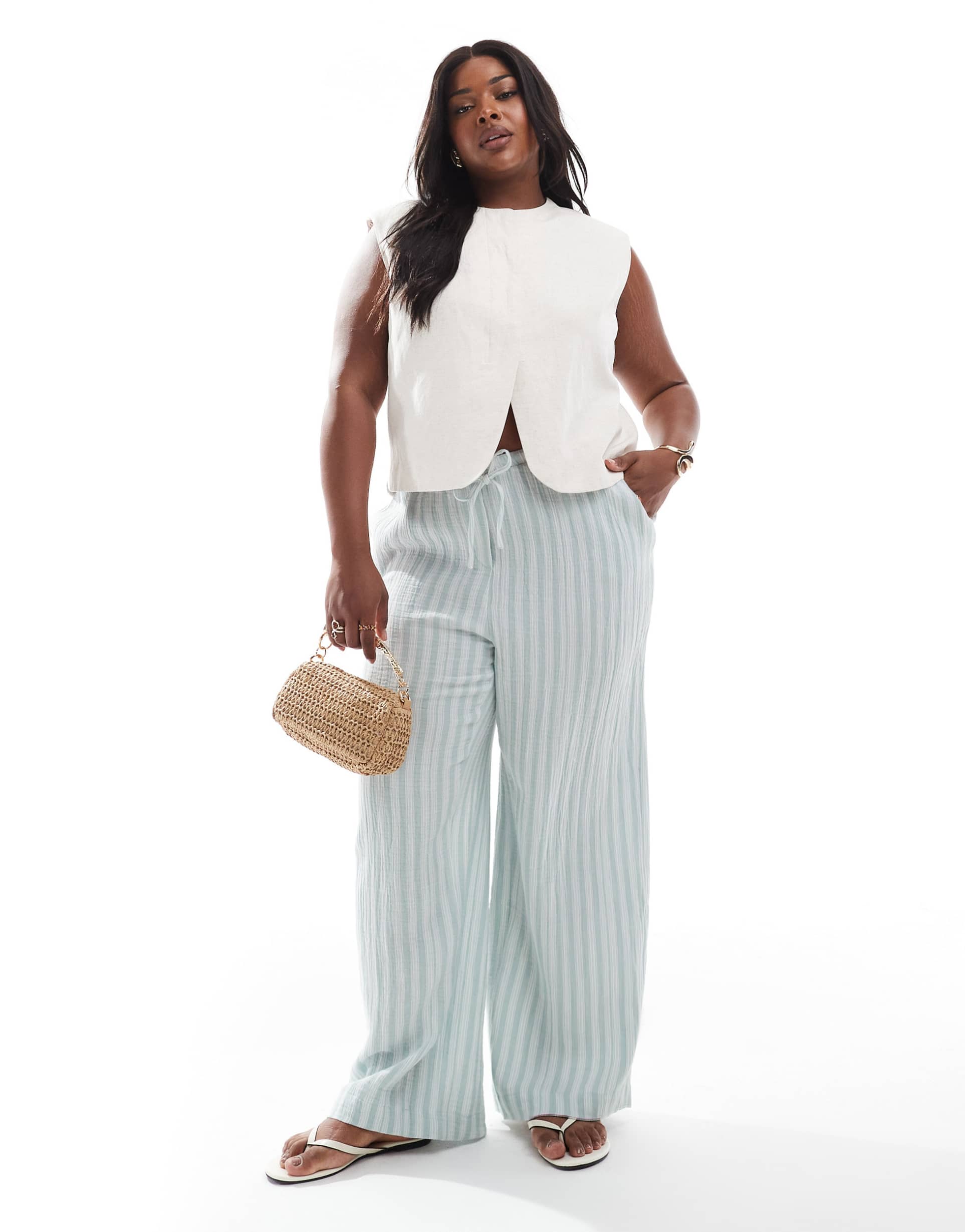 vero moda curve cotton wide leg pants in green stripe