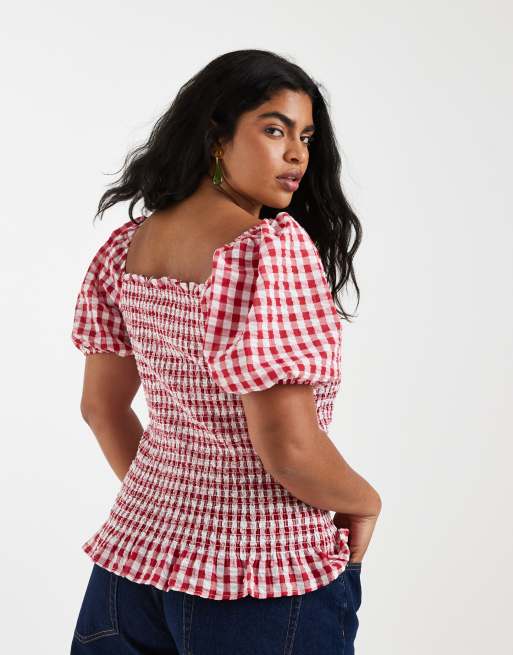 Vero Moda Curve - Crop top con corpino arricciato e maniche a sbuffo rosso a quadretti, 4 di 4
