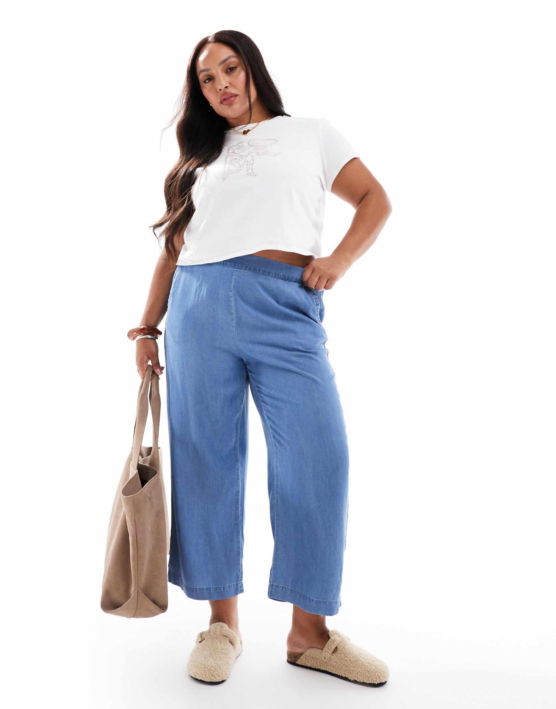 vero moda curve cropped chambray pants in medium blue