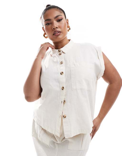 Vero Moda Curve - Cropped linnen overhemd in gebroken wit, deel van co-ord set