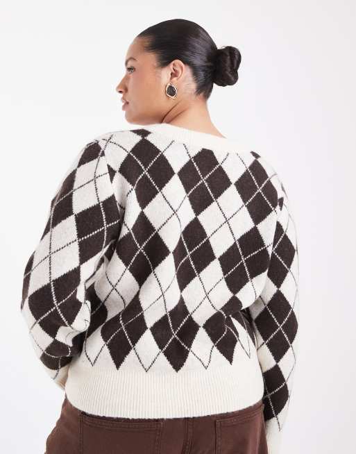 Vero Moda Curve cropped strikket cardigan i chokoladefarvet argyle-ternet print, 3 af 4