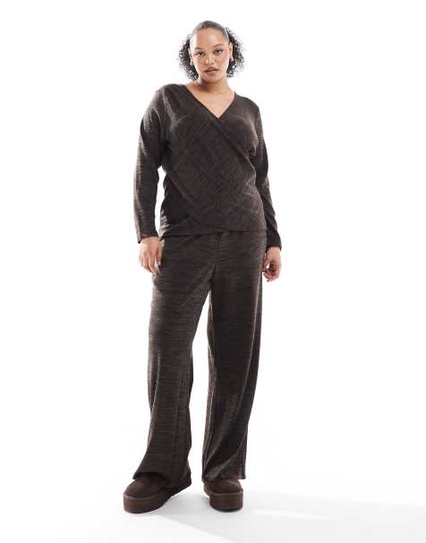 Vero Moda Curve cross front jersey top and wide leg trousers set in chocolate melange - view 1