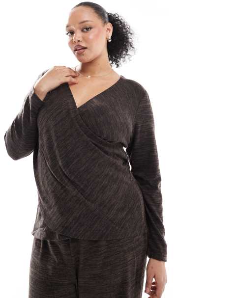 Vero Moda Curve cross front jersey top co-ord in chocolate melange - view 1