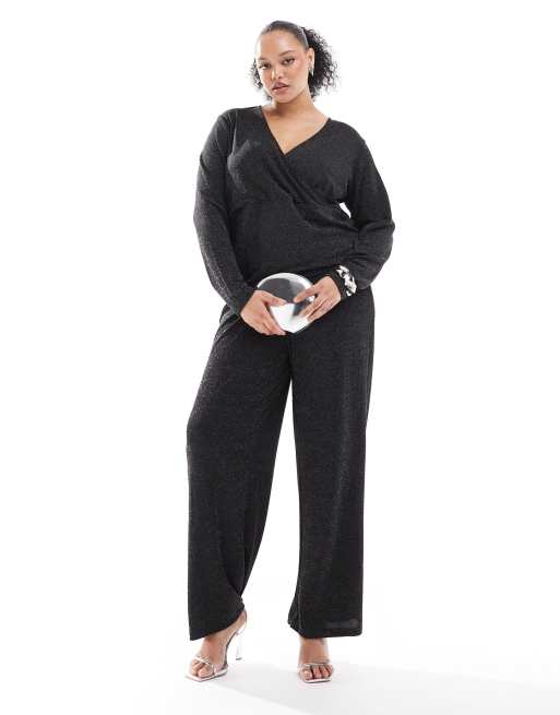 Vero Moda Curve cross front top and wide leg pants set in black glitter