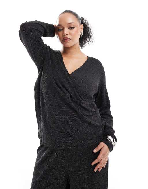 Vero Moda Curve cross front top in black glitter (part of a set)