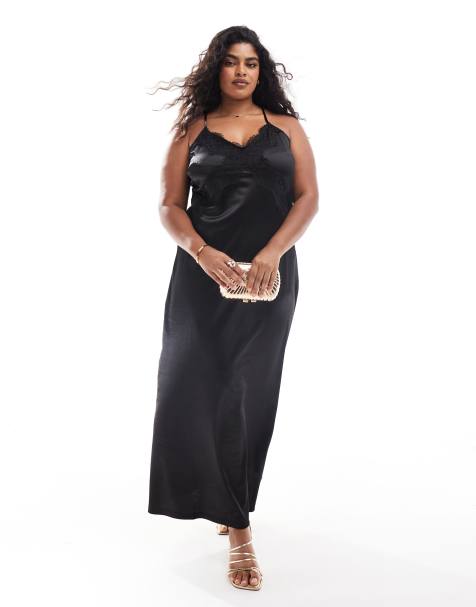 Vero Moda Curve – Czarna satynowa sukienka maxi z koronką - view 1