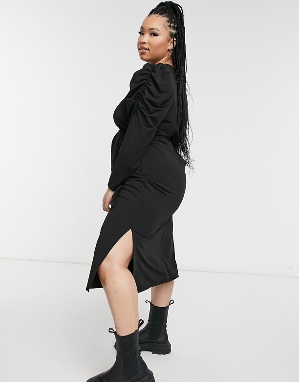 Vero Moda Curve – Czarna sukienka midi z wiązaniem w talii Czarny Wielo 