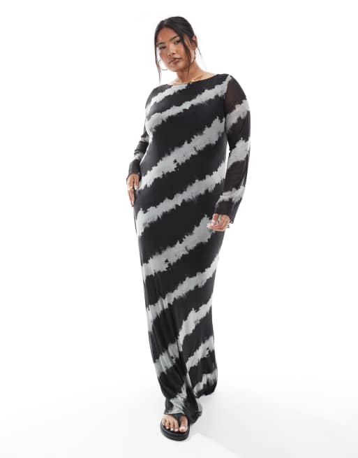 Vero Moda Curve – Czarno-biała sukienka z siateczki maxi z długimi rękawami w rozmyty wzór