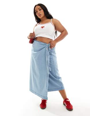 denim maxi wrap skirt in light blue