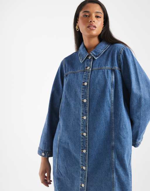 Vero Moda Curve - Denim mini jurk met knopen aan de voorkant in medium blauwe wassing, 4 van 4