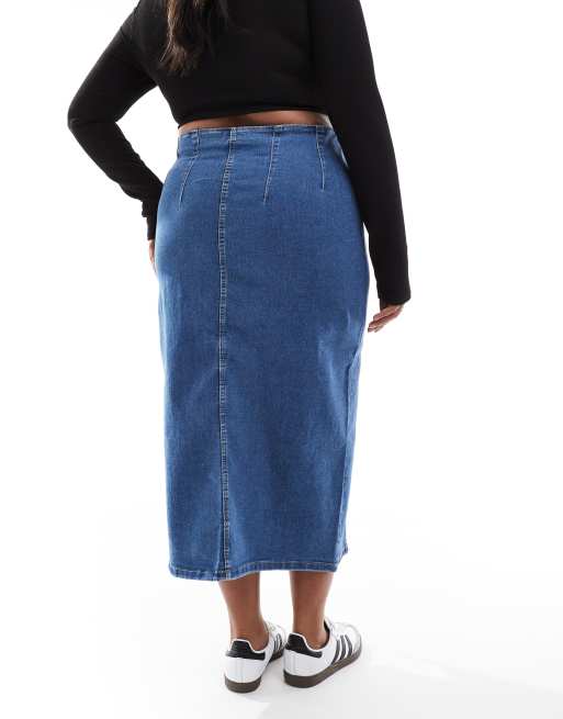 Vero Moda Curve denim pencil skirt in medium blue wash