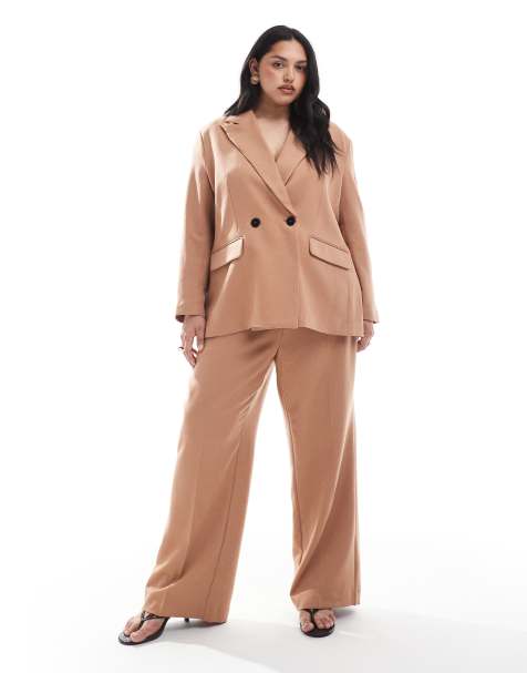 Vero Moda Curve tailored herringbone wide leg co-ord trousers in mocha