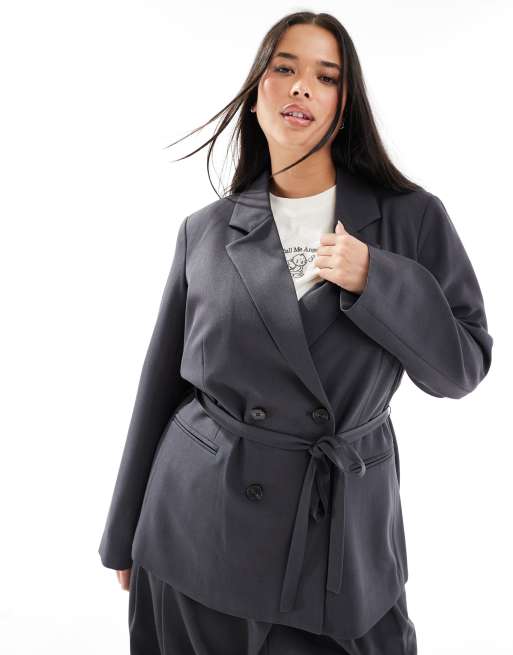 Vero Moda Curve double breasted tie waist blazer in dark grey (part of a set)
