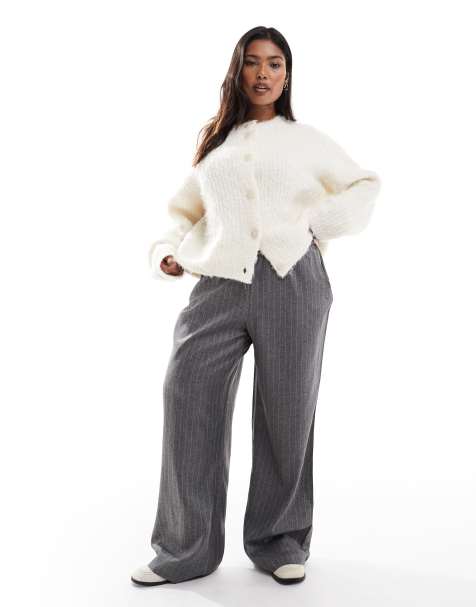 Vero Moda Curve drawstring waist wide leg dad pants in grey marl pinstripe - view 1