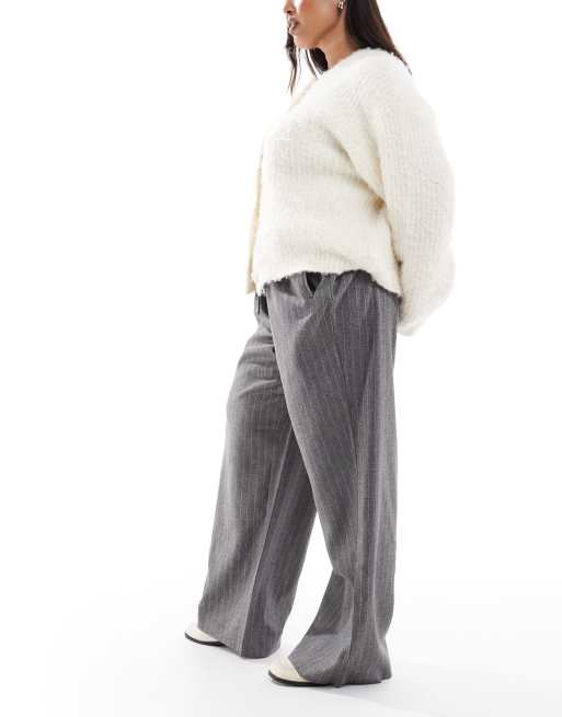 Vero Moda Curve drawstring waist wide leg dad pants in grey marl pinstripe, 5 of 5