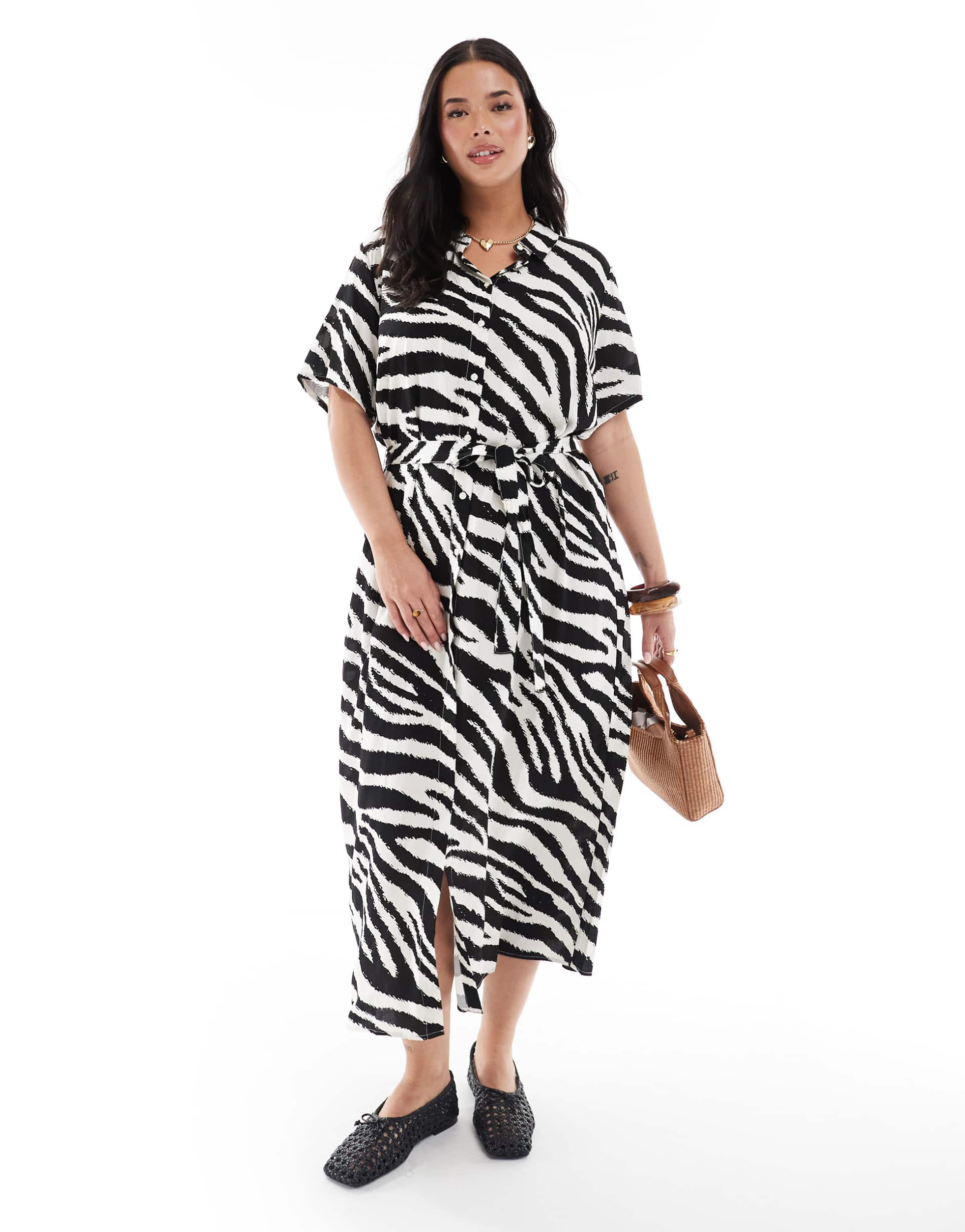 vero moda curve easy buttondown long shirt dress in zebra print