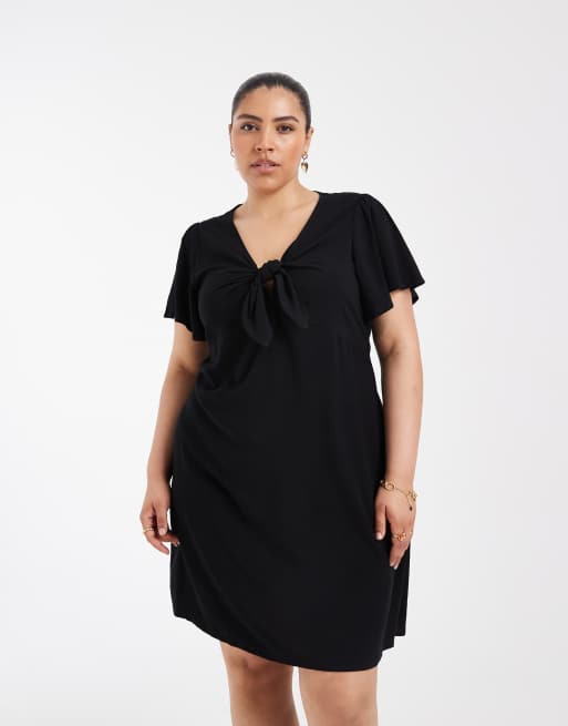 Vero Moda Curve Easy Joy short sleeve bow front mini dress in black, 2 of 4