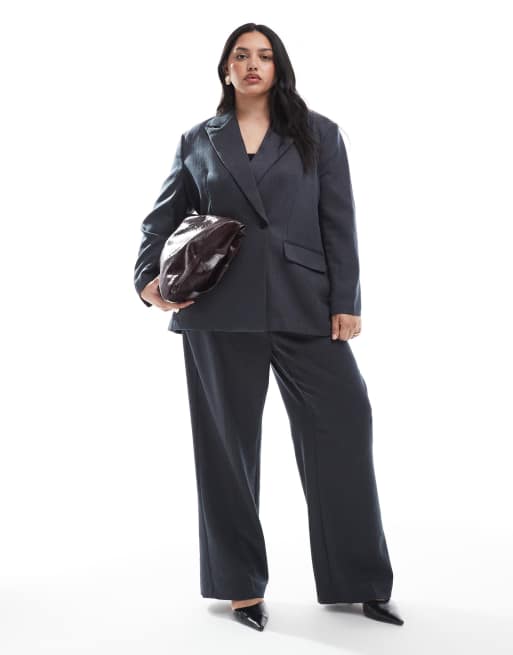Vero Moda Curve – Eleganter Blazer in meliertem Dunkelgrau mit Fischgrätmuster, Kombiteil, 2 von 4