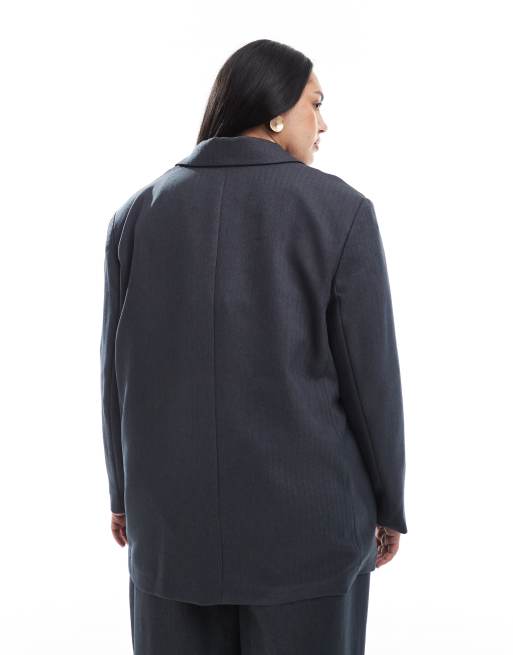Vero Moda Curve – Eleganter Blazer in meliertem Dunkelgrau mit Fischgrätmuster, Kombiteil, 4 von 4