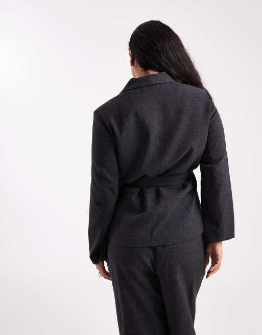 Vero Moda Curve – Eleganter, seitlich gebundener Blazer in Dunkelgrau meliert, Kombiteil, 3 von 4